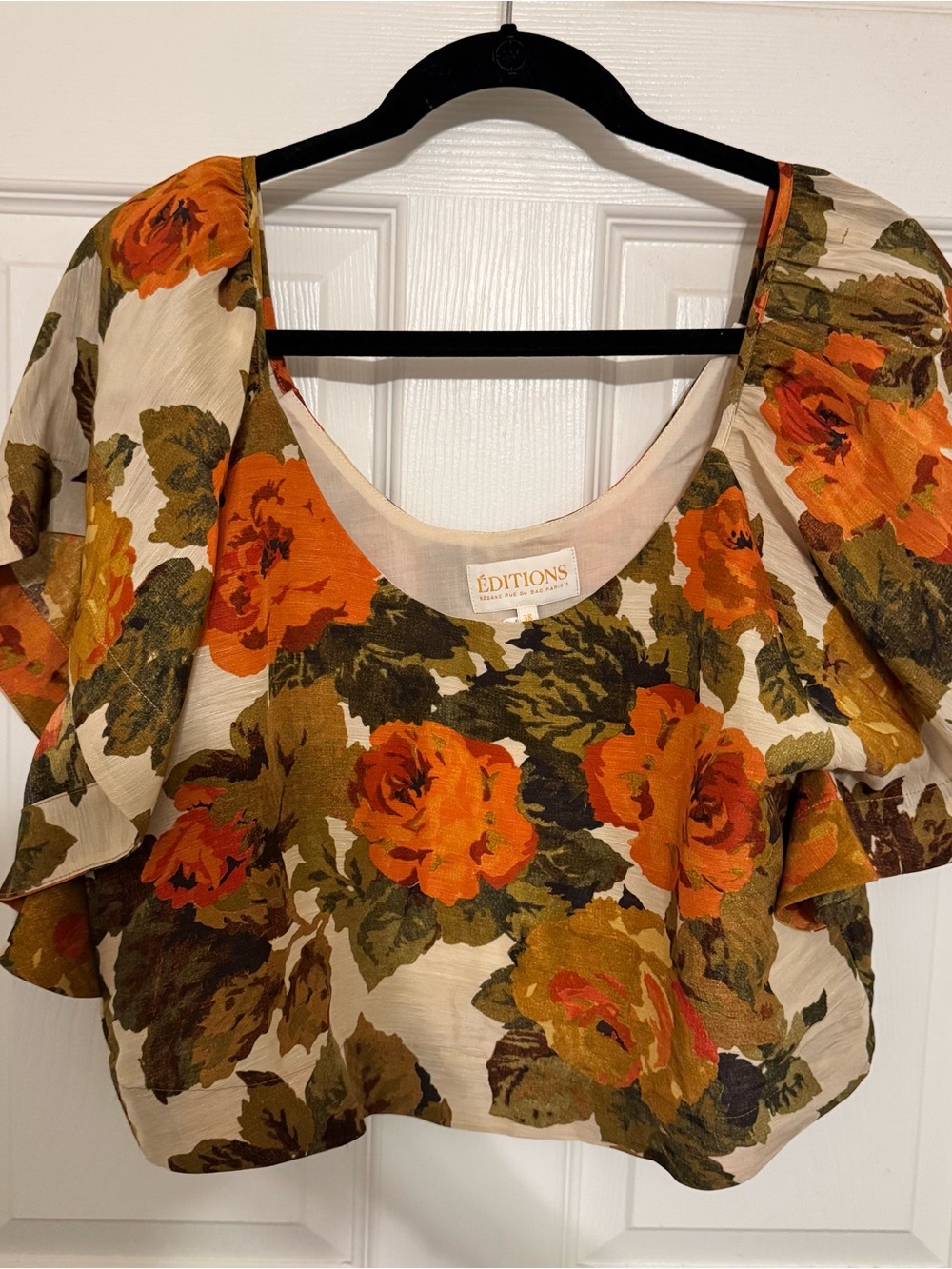 Sezane Floral Puff-Sleeve Blouse in Orange, Olive & Cream